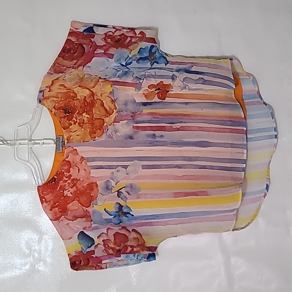 Joseph A. Women's Floral Striped Multicolor Short Sleeve Blouse Petite Large
